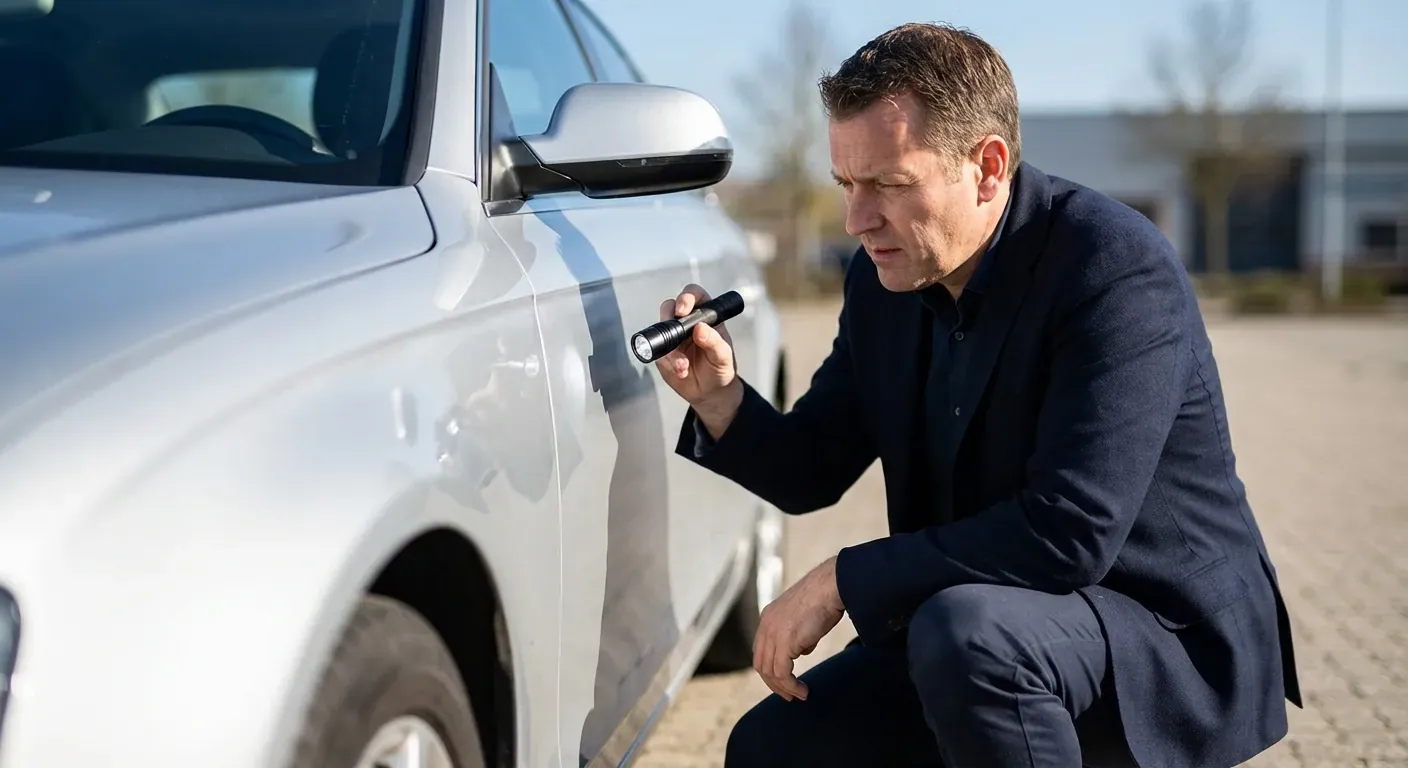 En person som ser nøye over en bruktbil med en lommelykt i et dagslys