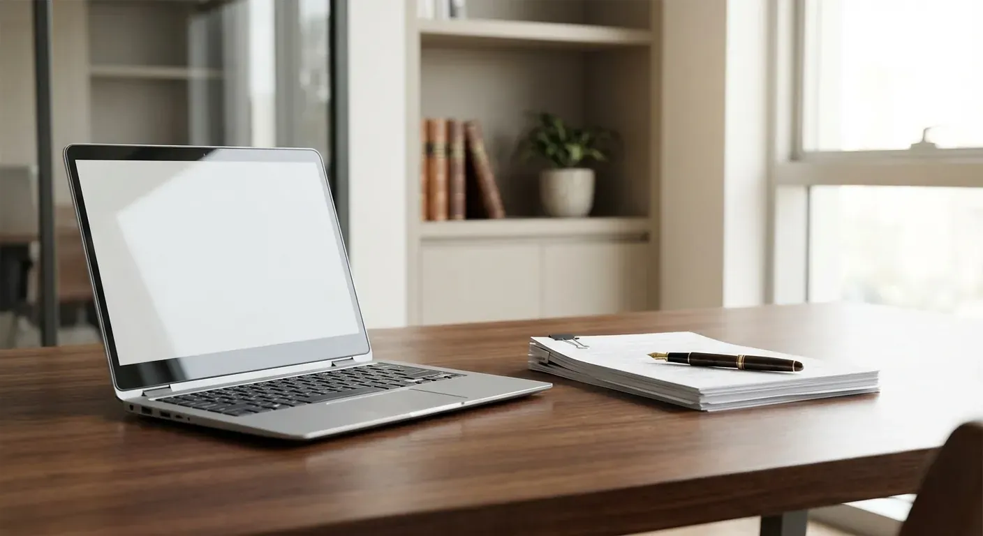 Et ryddig kontorbord med en bærbar datamaskin og en penn som hviler på et juridisk dokument