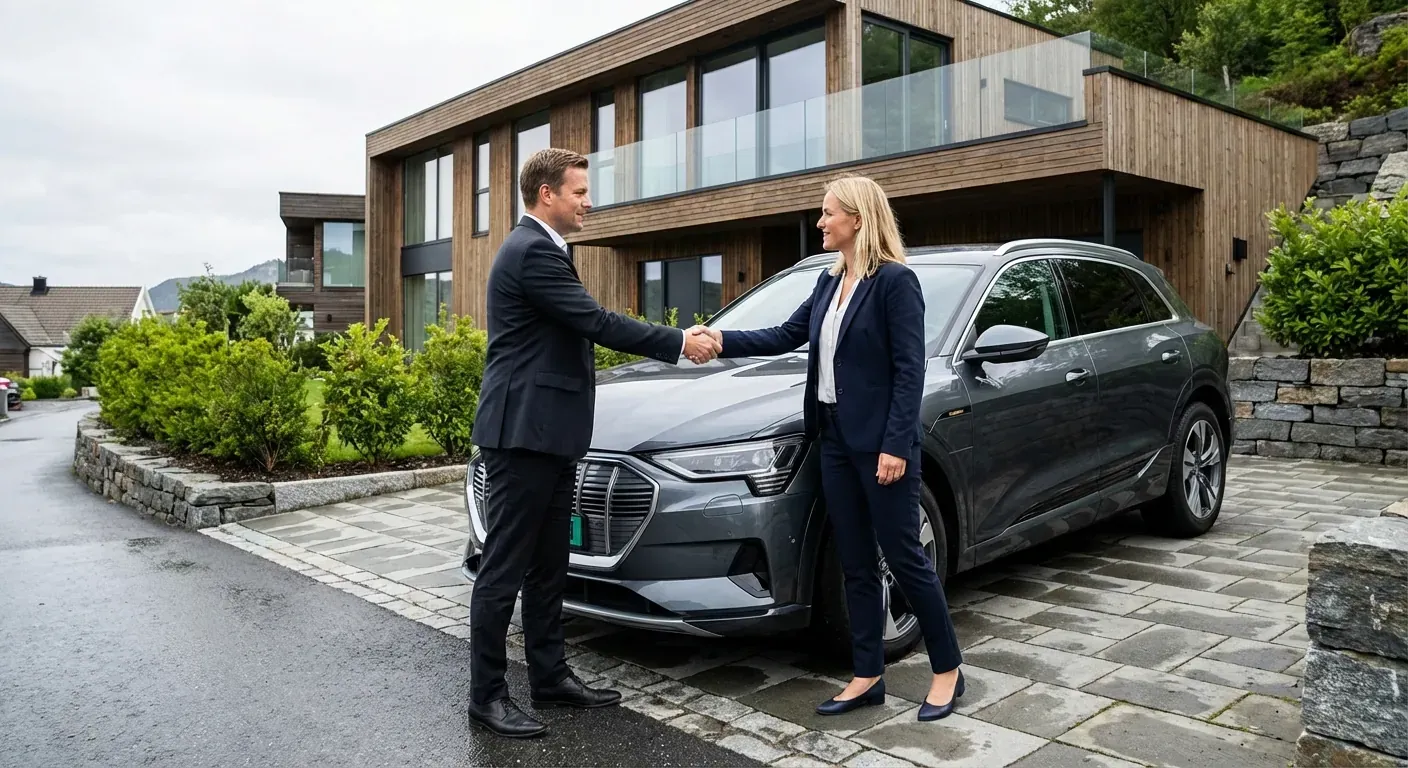 To personer som håndhilser over panseret på en bil i en oppkjørsel