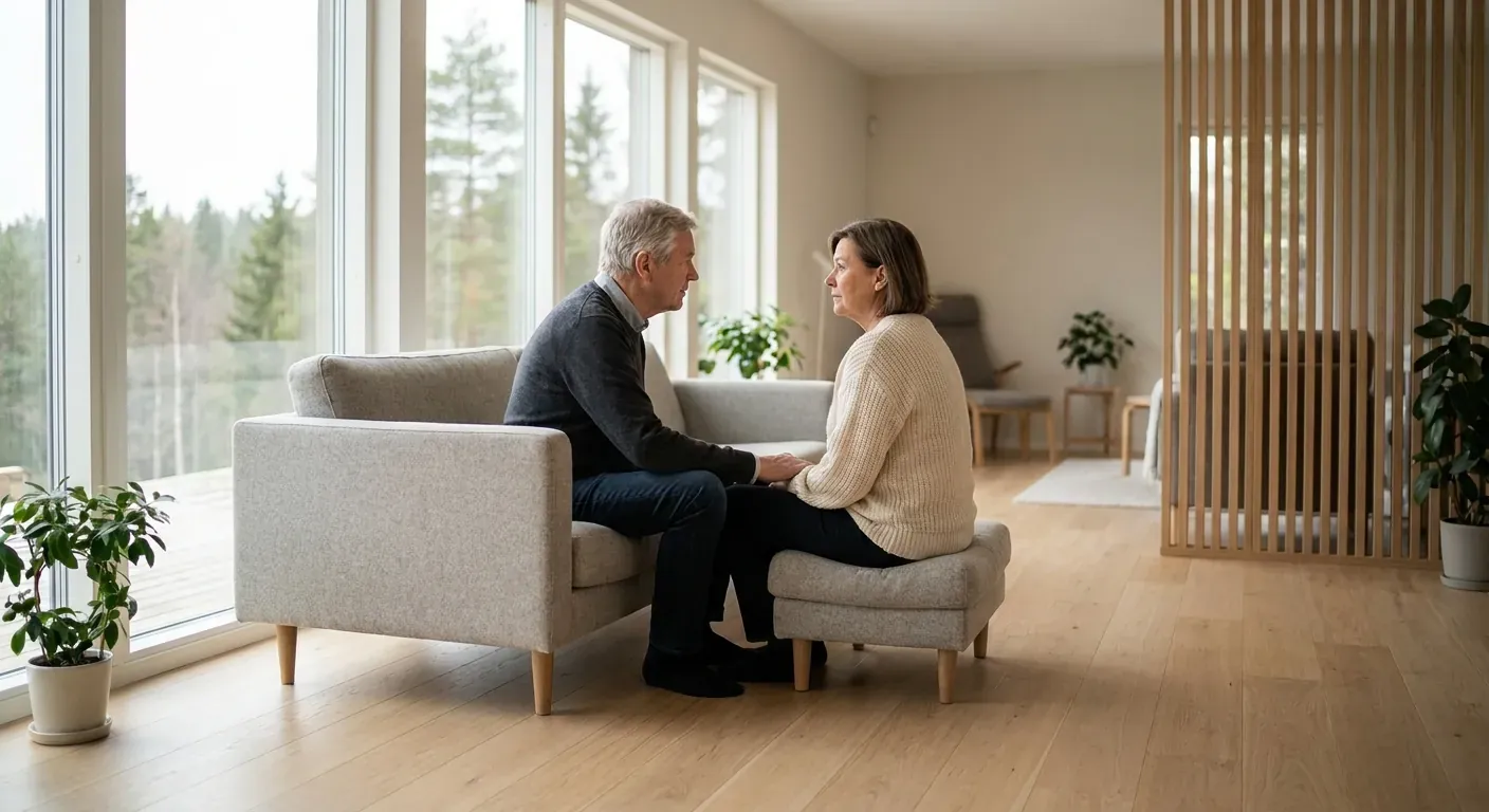 To eldre personer som sitter i en sofa og snakker sammen i en lys og trivelig stue