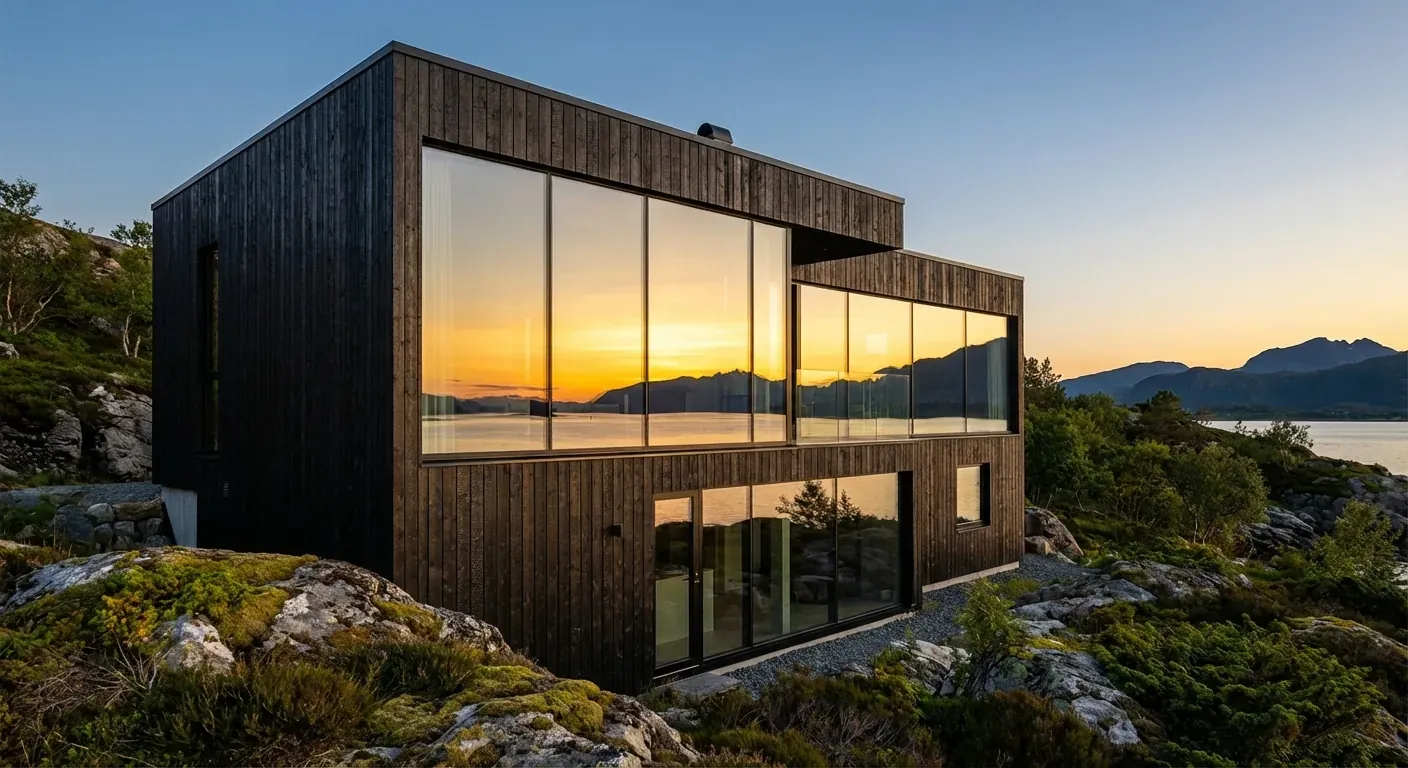 Et moderne bolighus i tre med store vinduer som reflekterer en solnedgang